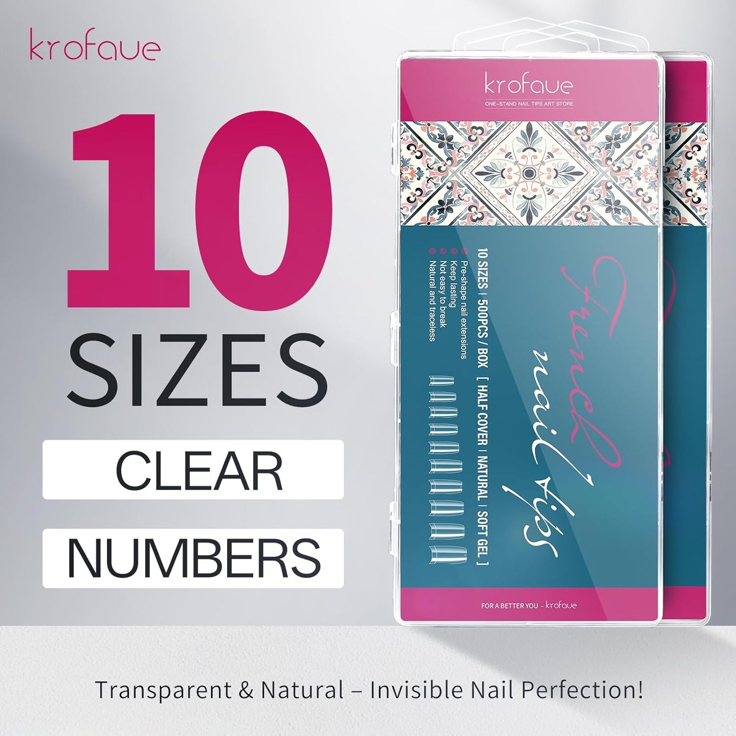 krofaue Nail Tips Lady French Style Acrylic Artificial Half Cover False Nail Tips with Box Ideal for Salons and Home DIY Manicure,10 Sizes,1000PCS (Natural and Clear)