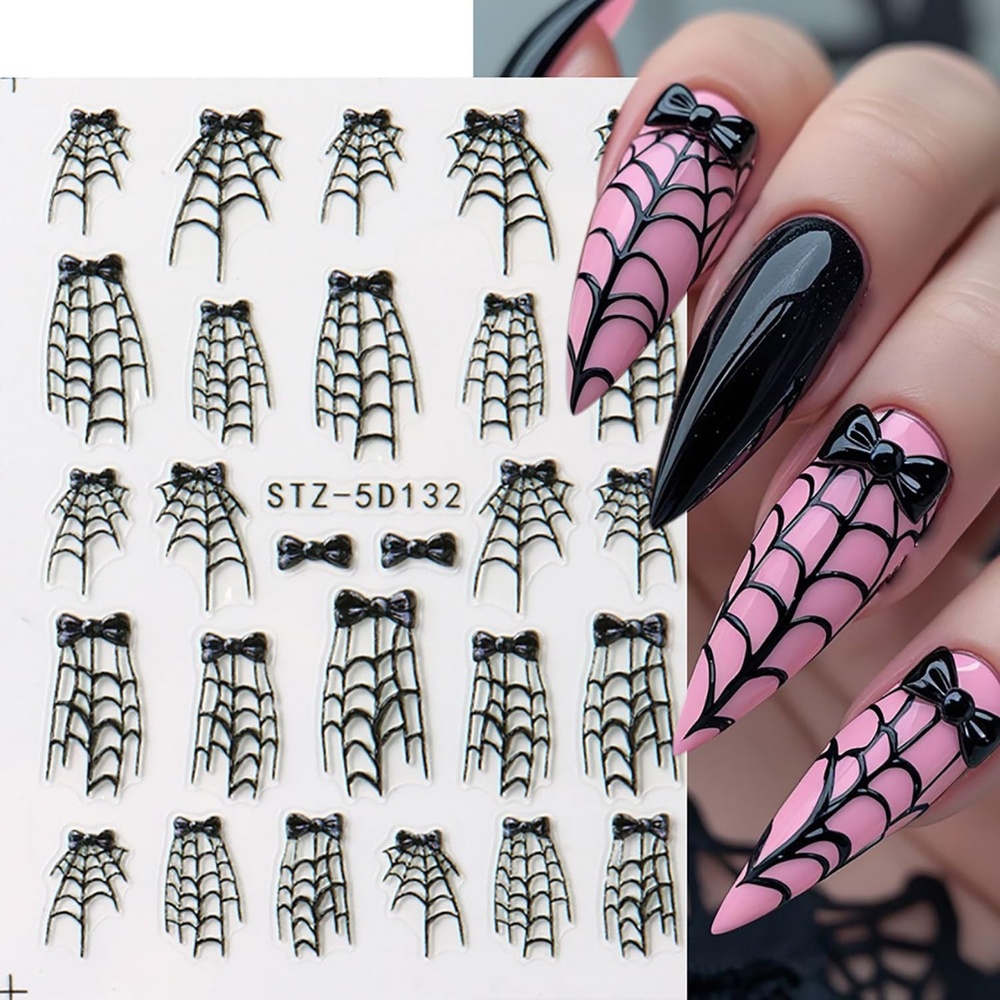 Spider Web Nail Stickers 5D Embossed Halloween Nail Decals for Press Ons 2PCS Self-Adhesive Black Cobweb Bow Design Halloween Nail Charms Holiday Nail Decorations Nail Art for Women DIY Manicure