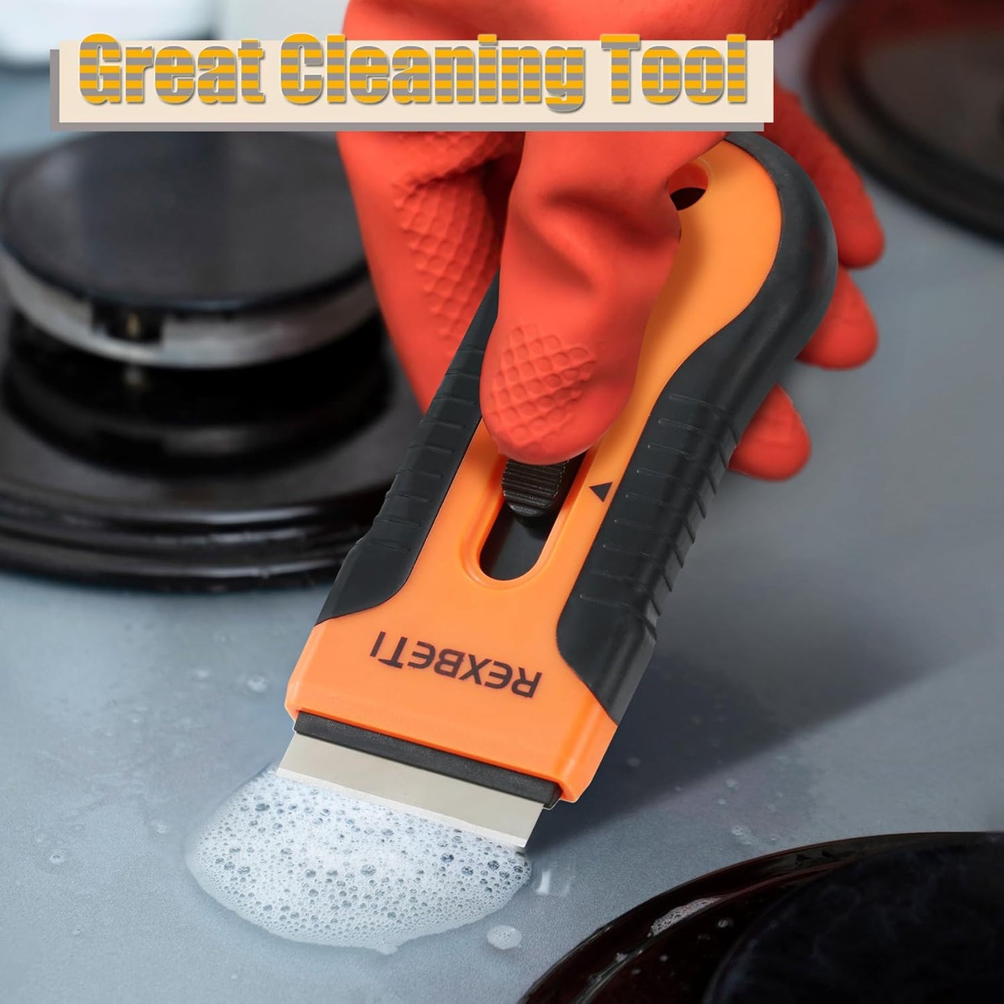 REXBETI Razor Blade Scraper Tool, 4 Pack Razor Scraper Set with Extra 120Pcs Razor Blades- 40Pcs Metal and 80Pcs Plastic Blades, Cleaning Scraper Tool, Cooktop Scraper, Paint Scraper, Glass Scraper