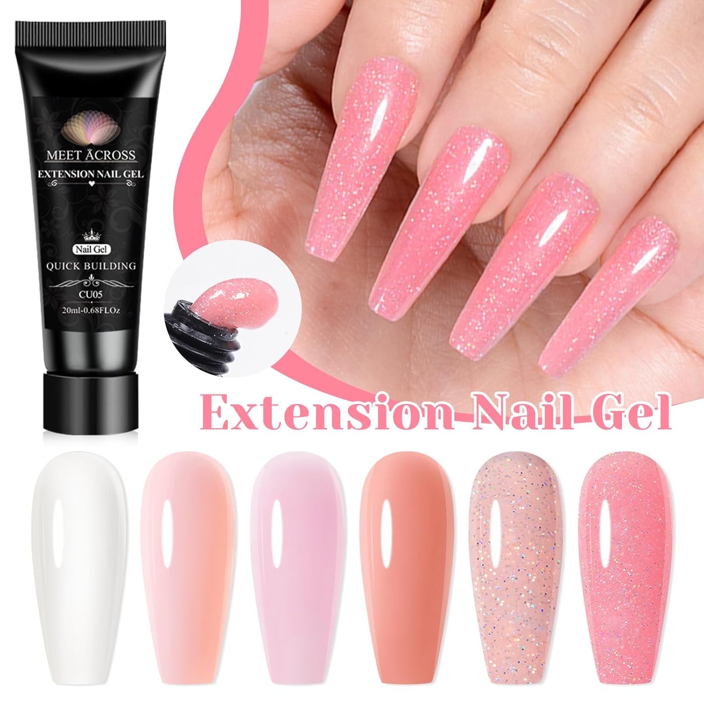 MEET ACROSS Poly Extension Gel Kit - 6 Colors All Season Nude Glitter Pink Sheer Poly Nail Gel Kit Strong Builder for Nail Art Extension Builder Gel Home Nail Salon Gift for Women