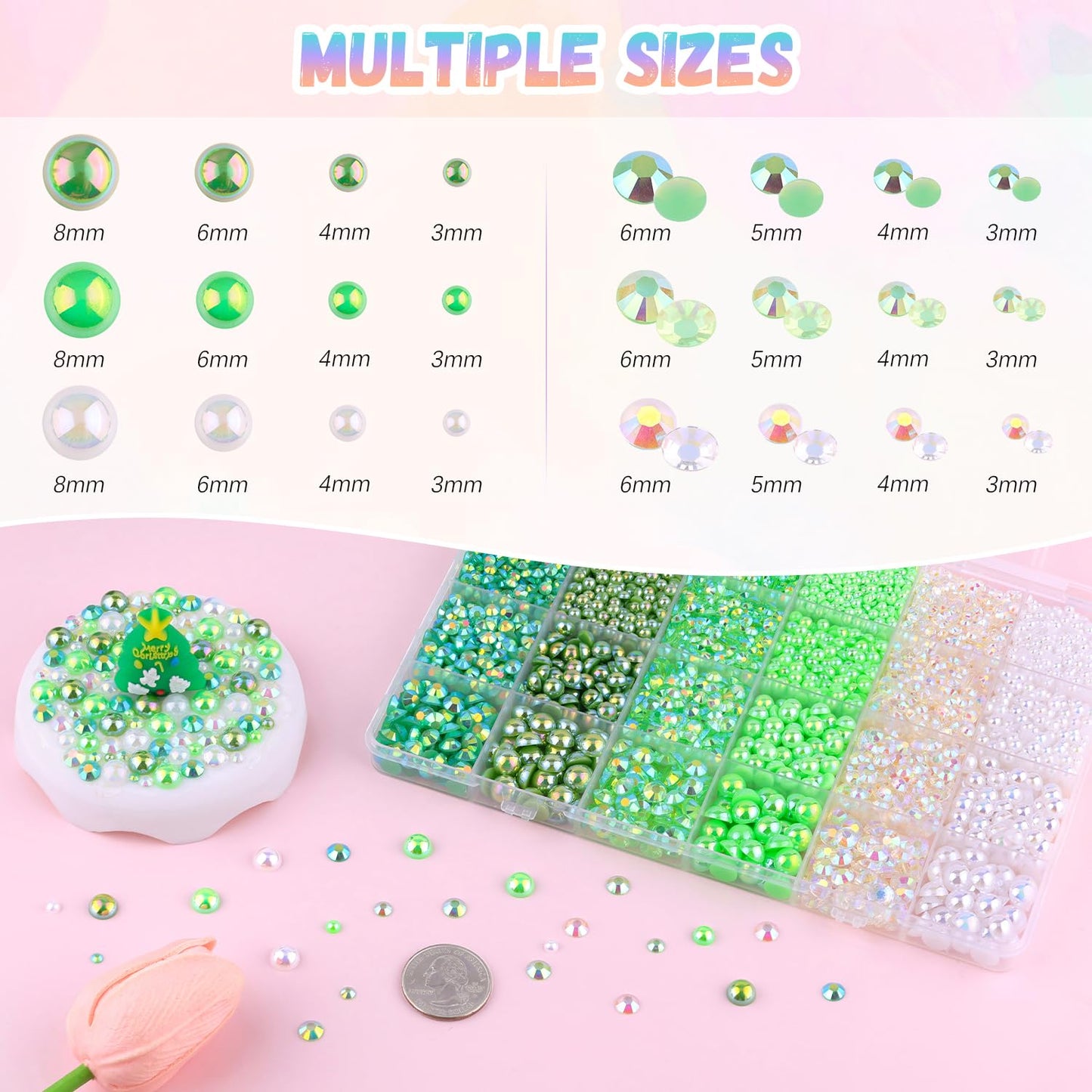 9000Pcs Flatback Pearls and Rhinestones for Crafting, Green White Mixed Size 3-8mm Resin Rhinestones and Half Pearls for Bedazzling, Nail Art with Tweezers and Pickup Pencil