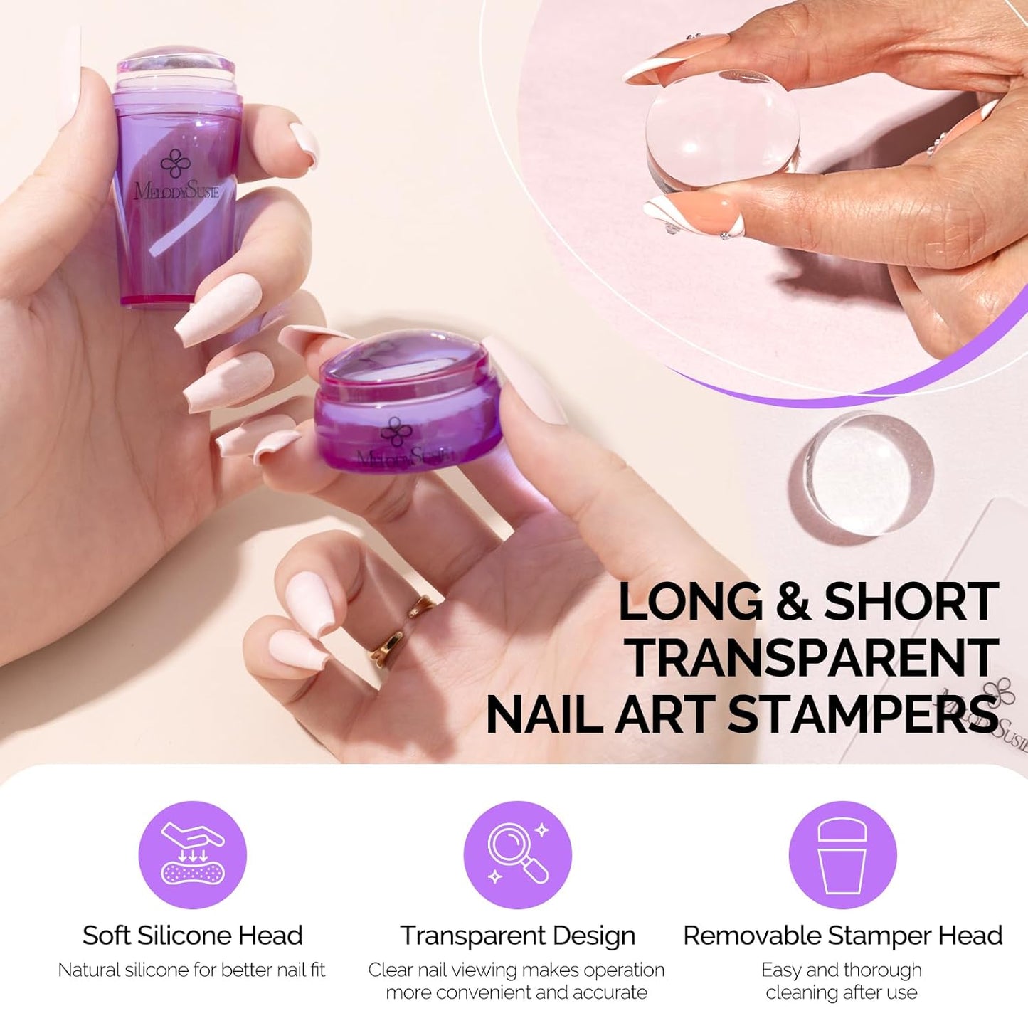 MelodySusie French Nail Stamper, Nail Stamper Kit, Silicone Nail Stamp, Long and Short Stampers with Scrapers, 4PCS Nail Stamper Tool for French Manicure DIY Home Nail Design Salon, Purple