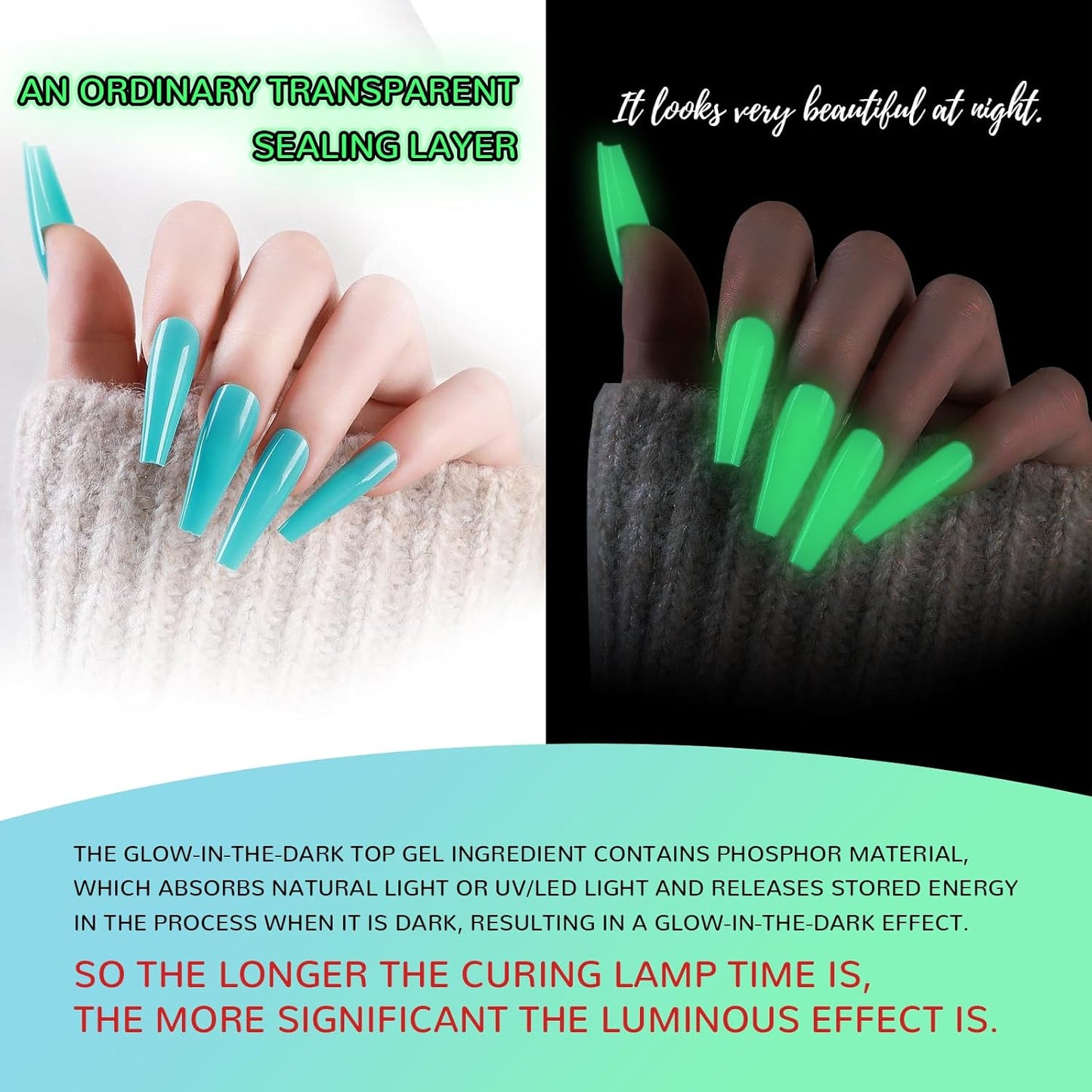 Hema Free Glow In The Dark Gel, Glow Nail Gel Top Coat, Long-lasting Luminous Nail Gel Top Coat for Nail Art, Transparent UV LED Needed Perfect with Any Colors Salon Pro DIY Home