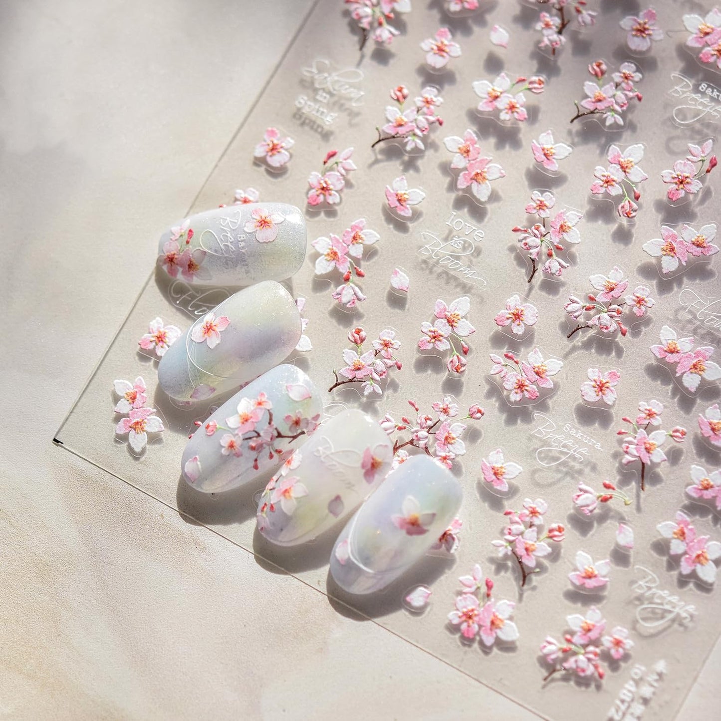 Flower Nail Stickers for Nail Art 5D Self Adhesive Nail Decals Spring Summer Nail Art Stickers White Pink Floral Nail Supplies Manicure Decoration for Women Girls