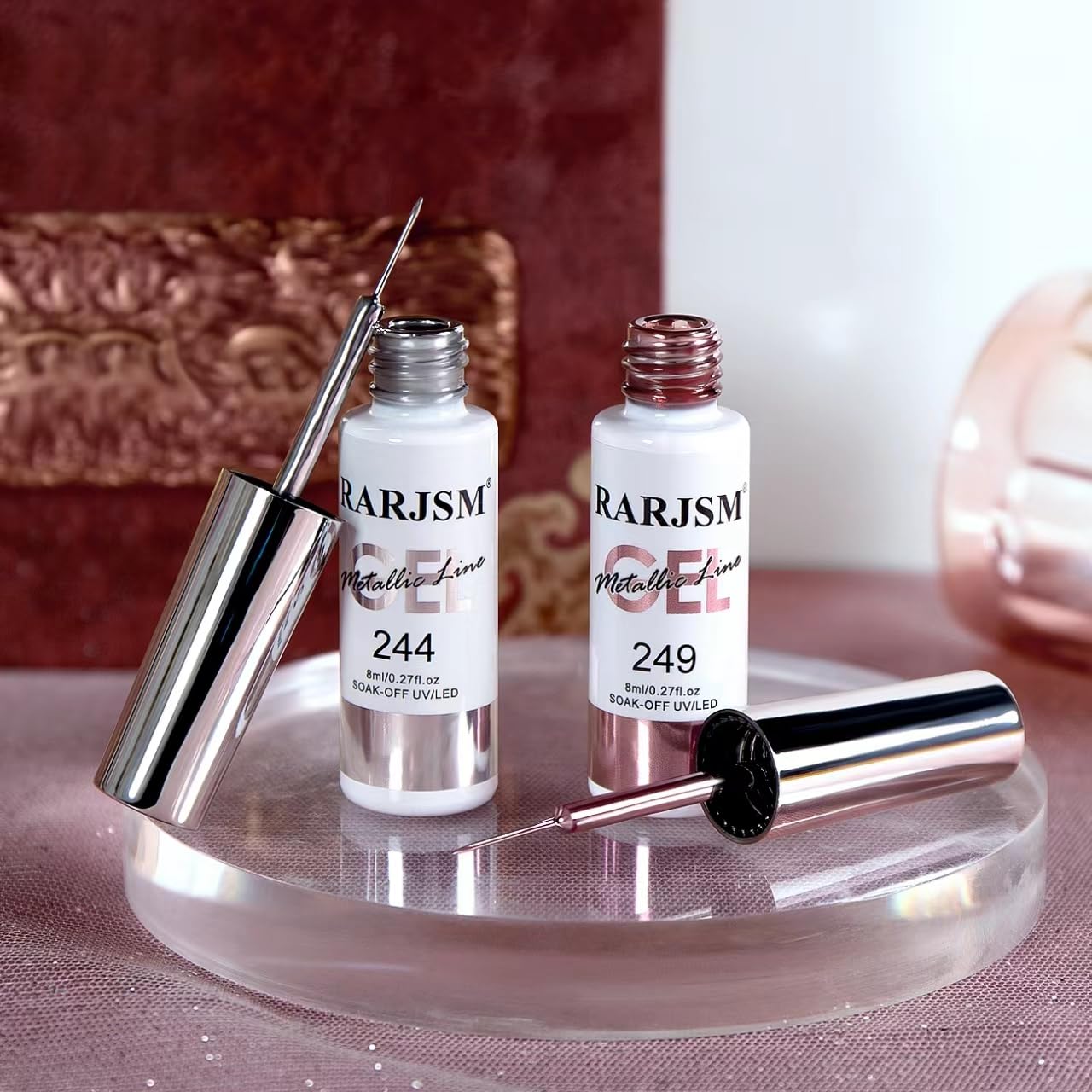 RARJSM Metallic Chrome Gel Liner Nail Art 3D Mirror Silver and Rose Gold Effect Gel Nail Polish 8ml Painting Build in Thin Brush Metal Painted Drawing Striper Gel Polish Curing Requires for Home Salon