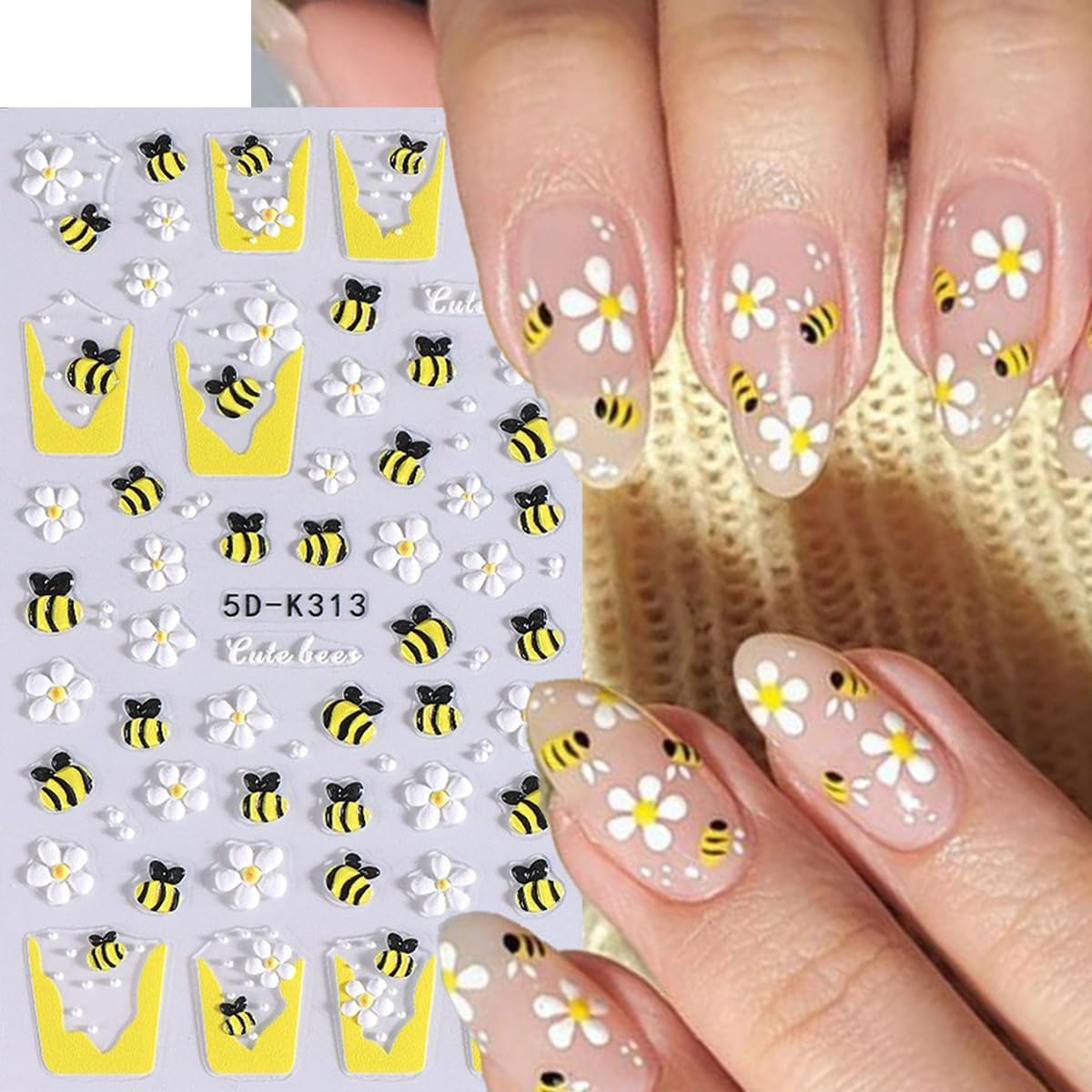 Flower Nail Sticker French Tips Nail Decals Insect Nail Art Stickers Bee Ladybug Daisy Five Petal Floral White Yellow Pink Design Cute Nails Stickers for Nails Art Summer Manicure Decor for Women