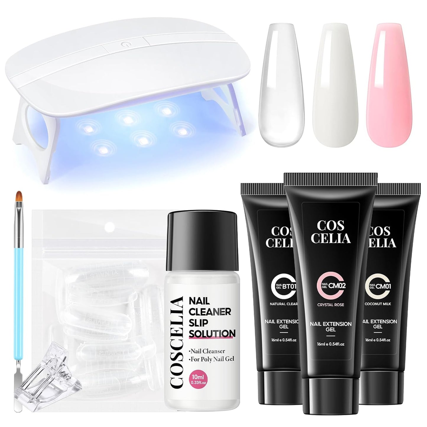 COSCELIA Poly Nail Gel Kit Starter Kit with U V Lamp 3PC Coscelia Poly Extension Gel for Beginners Clear Pink White Nail Art Quick Building Gel Manicure Kits Gift for Women DIY at Home