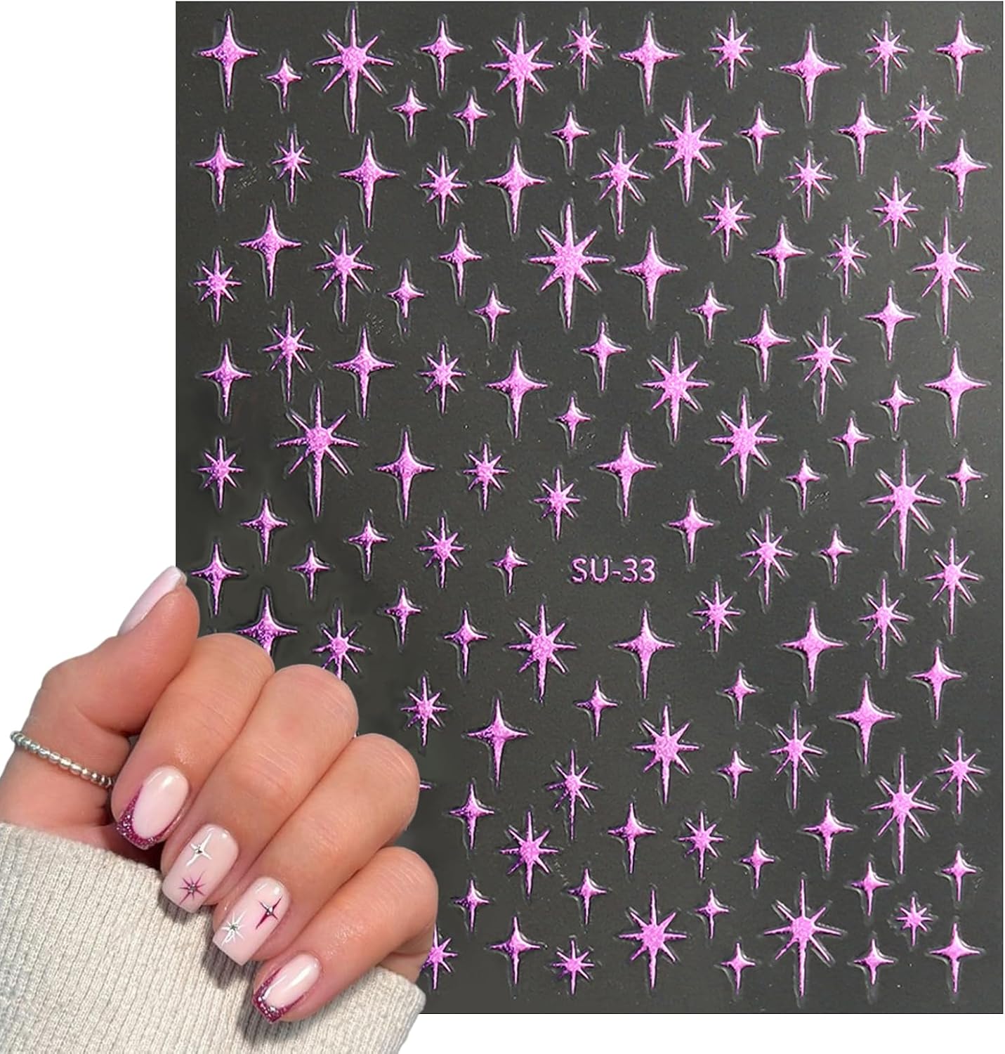 8 Sheet Bronzing Star Nail Stickers 3D Shiny Star Nail Decals Starlight Designs Sticker Nail Gold and Silver Purple Manicure Accessories for Women Nail Decorations