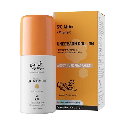 UnderArm Roll-On with 5% AHA|Lactic & Mandelic Acid|Prevents Odour, Brightens Skin & Exfoliates Underarm|For Sensitive Skin |Woody Musk Fragrance |Alcohol & Aluminium Free | 1.35 fl oz