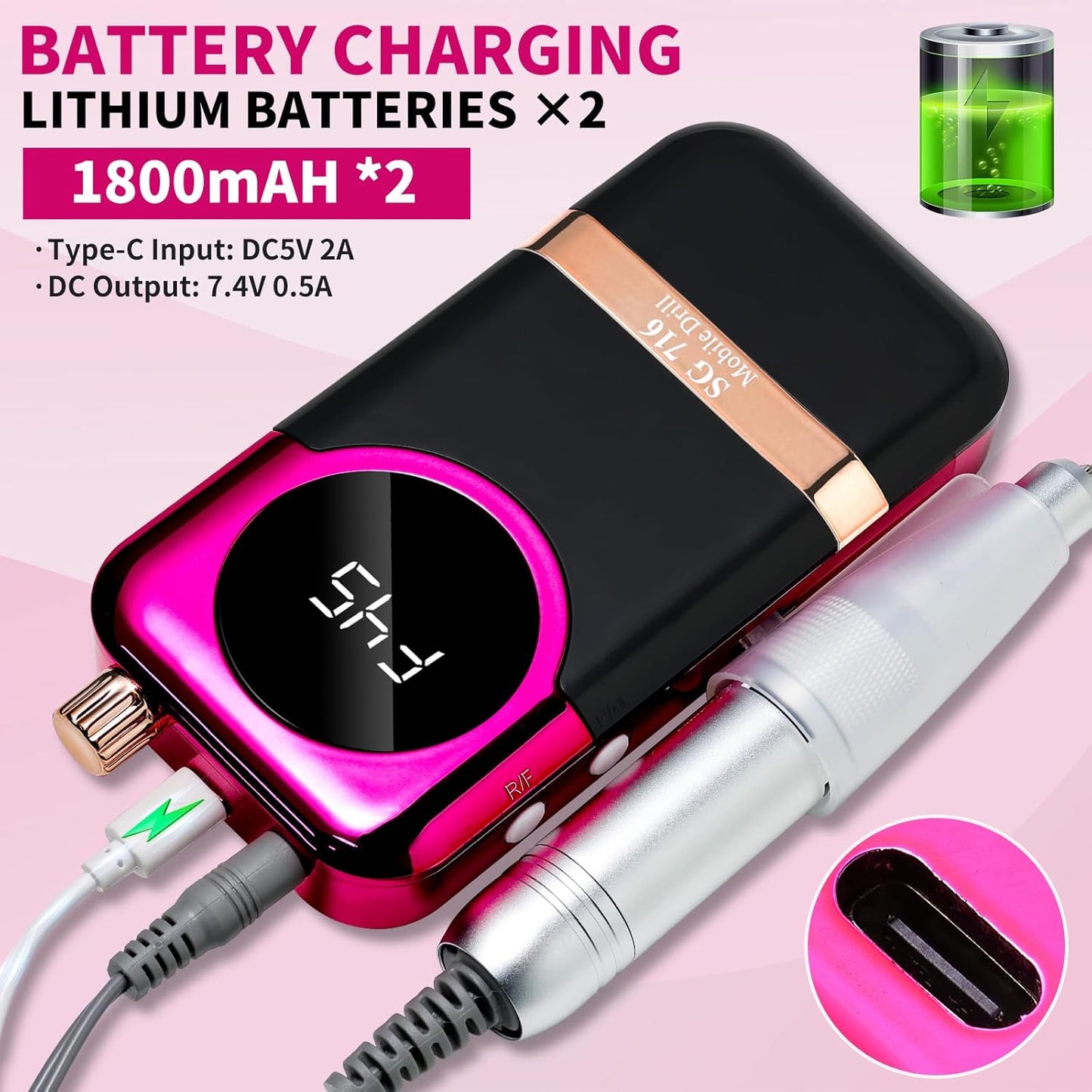 Electric Nail Drill Professional Kit - 45000RPM Electric Nail File Efile Portable Nail Drill Cordless with Bits & Base,E File Machine Nail Grinder for Women (Rose Red)