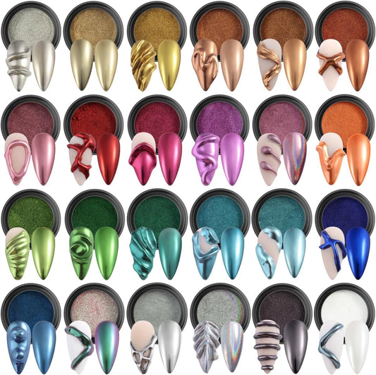 24 Colors Chrome Nail Powder Set Metallic Mirror Effect Gold Silver Pink Chrome Nail Powder White Pearl Iridescent Multi Chrome Powder for Nails Chameleon Rubbing Pigment Manicure Supplies