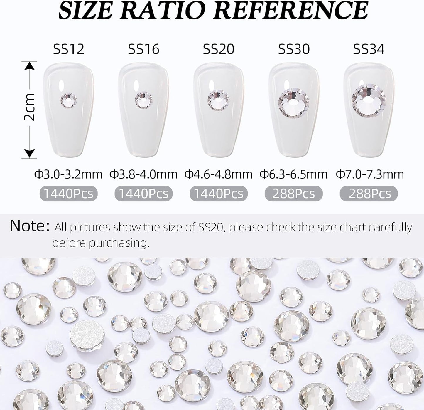 Crystal Clear Flatback Rhinestones, Glass Rhinestones for Nail Art and Craft, Glue Fix, Loose Crystal Gemstones(Crystal, SS34, 288pcs, 7.1-7.3mm)