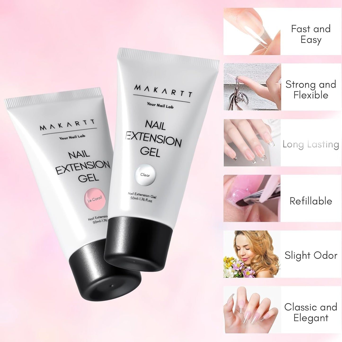 Makartt Poly Nail Gel Kit, 2PCs 50ML Clear & Nature Pink Colors, Large Capacity Poly Extension Nail Gel Kit, Strong Builder for Extension, 3D Diy Hard Gels Manicures Home Salon