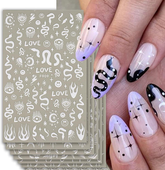 7 Sheets White Nail Art Stickers Butterfly Snake 3D Self-Adhesive Nail Decals Summer Stars Sun Line Designs Nail Decorations Moon Leaf Rose Nail Accessories for Women Girls DIY Manicure Supplies