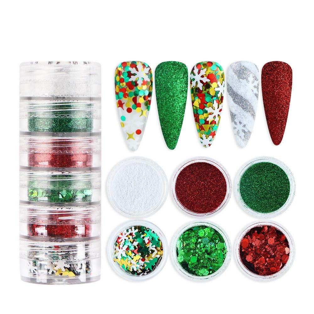 Christmas Nail Art Glitters Sequins, 12Boxes Winter Nail Art Decoration Flakes 3D Snowflake Nail Decals Red Green Nails Art Designs Holographic Christmas White Snowflake Glitters for Nails Decorations