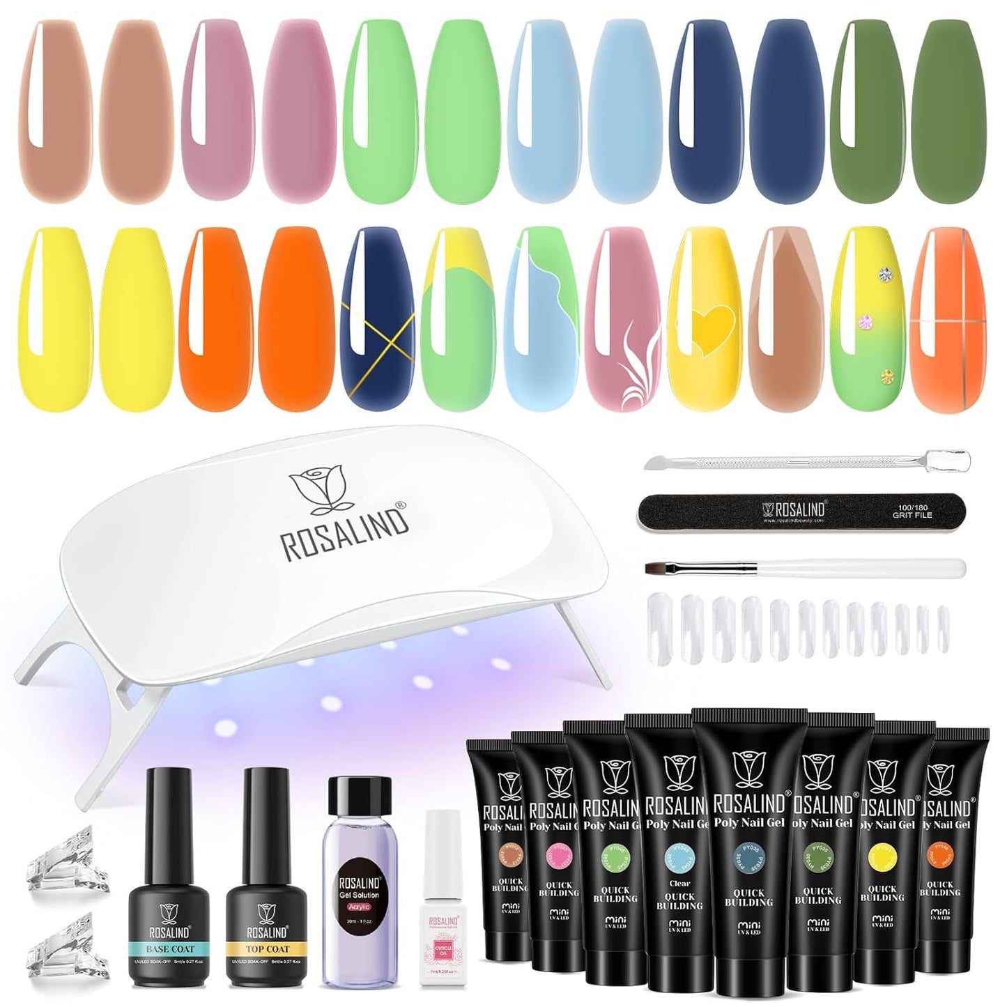 ROSALIND 8PCS Poly Nail Gel Kit with Mini U V/LED Lamp Pastel Poly Nails Gel Kit Starter Kits Yellow Green Blue Nail Extensions Gels Set