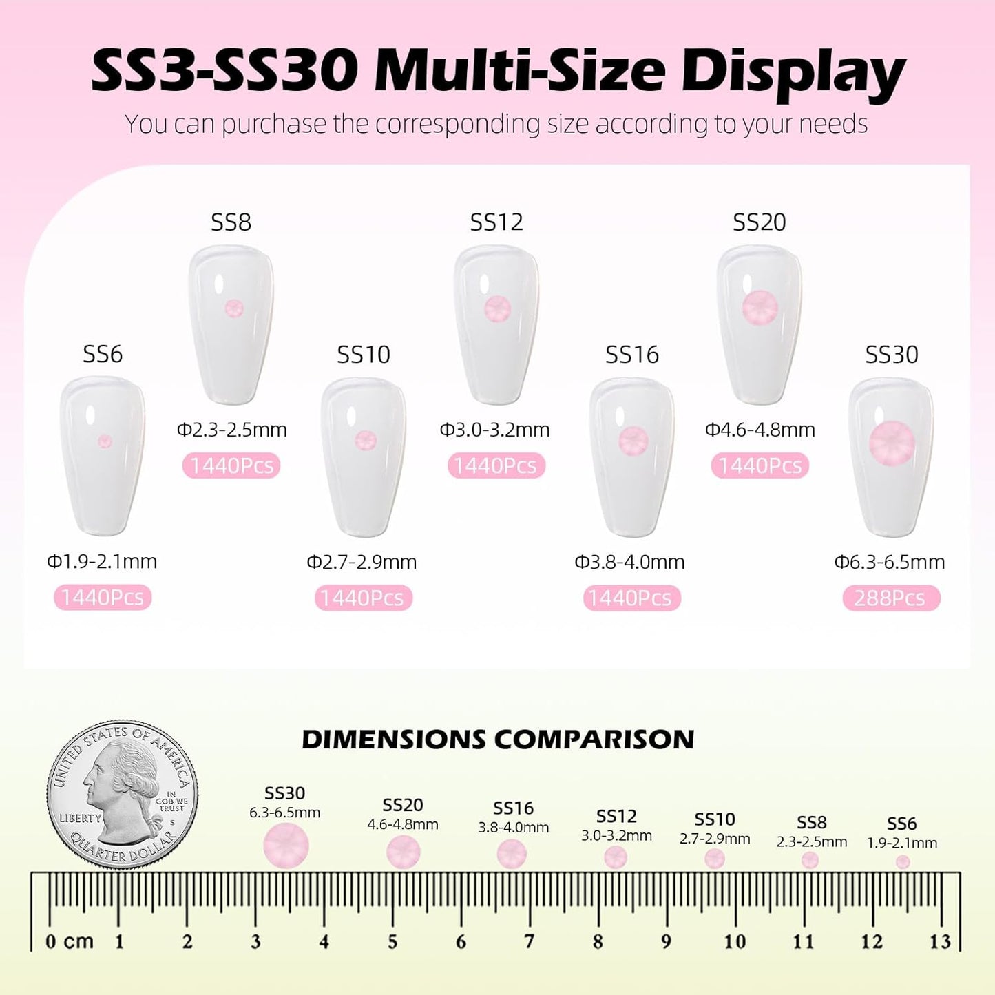 Mocha Rose Flatback Rhinestones, Glass Rhinestones for Nail Art and Craft, Glue Fix, Loose Crystal Gemstones(Mocha Rose, SS12, 1440pcs, 2.9-3.0mm)