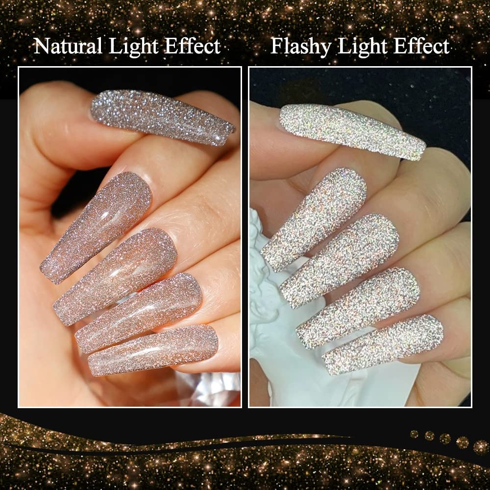 MIZHSE Reflective Gold Glitter Gel Nail Polish, Sparkly Shiny Gel Polish, Glossy Finish Nail Gel Soak Off Nail Art Salon Varnish Manicure for Beginners DIY at Home Popular Color