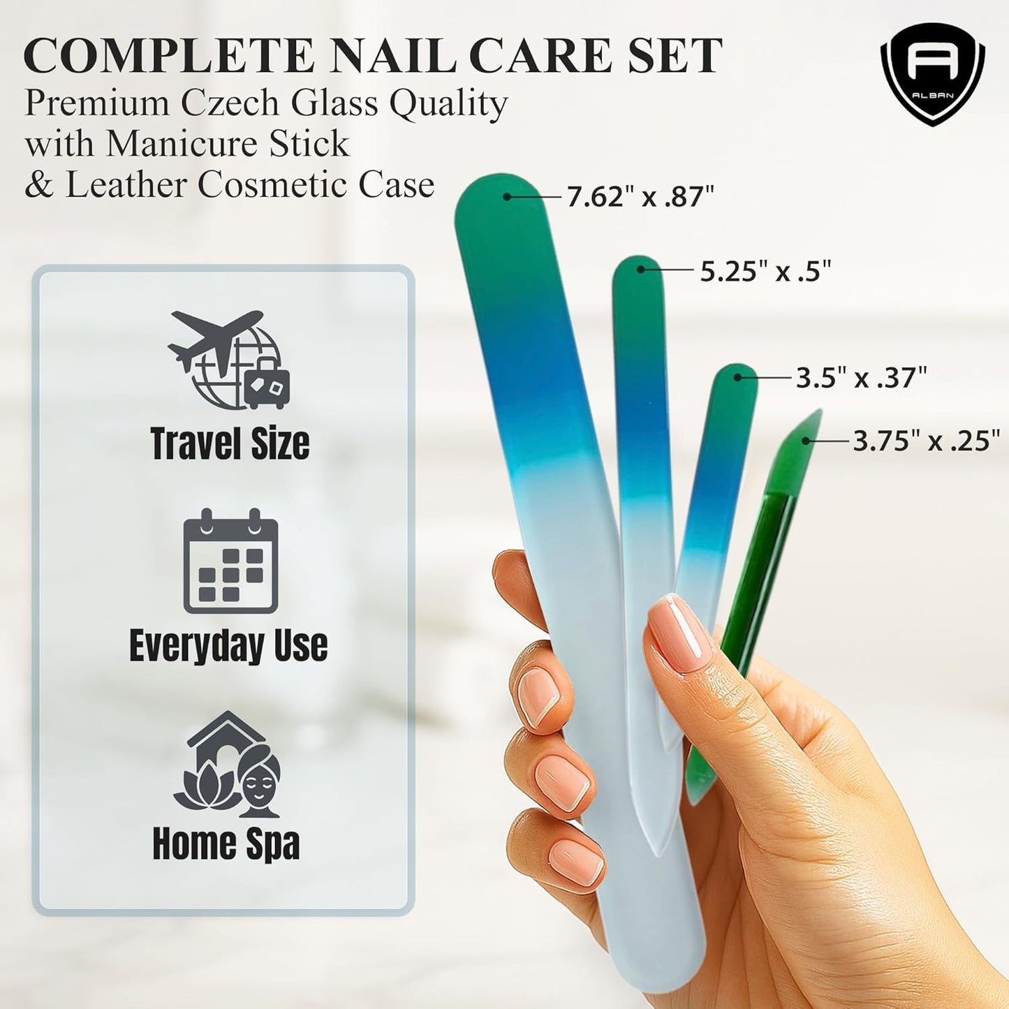 Alban Czech Glass Nail File Set with Manicure Stick & Vegan Leather Cosmetic Case (Green-Blue Nail Files, Green Manicure Stick & Light Blue Cosmetic Case)