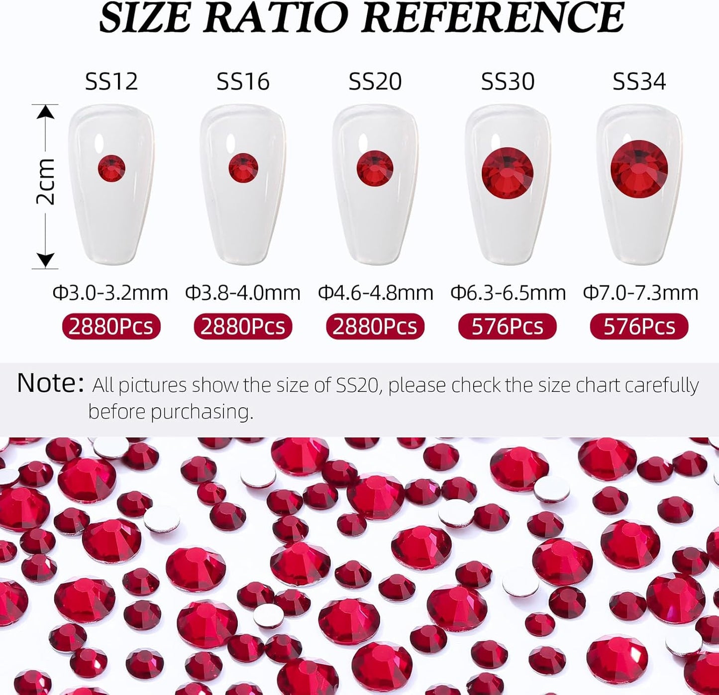 Siam Flatback Rhinestones, Glass Rhinestones for Nail Art and Craft, Glue Fix, Loose Crystal Gemstones(Siam, SS20, 2880pcs, 4.6-4.8mm)