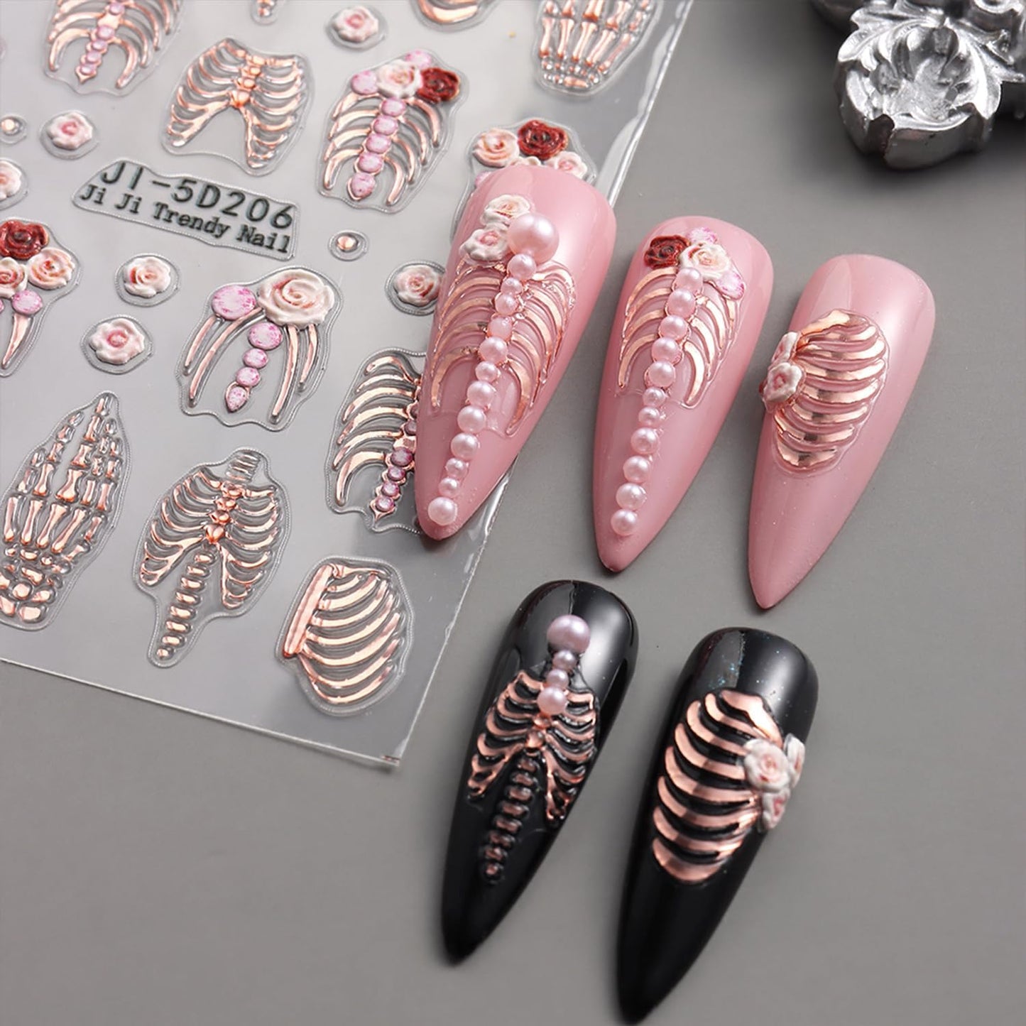 Halloween Nail Art Stickers Decals 5D Embossed Skull Nails Stickers Rose Gold White Skeleton Nail Decal Self-Adhesive Flower Nails Art Decal for Women Halloween Decor