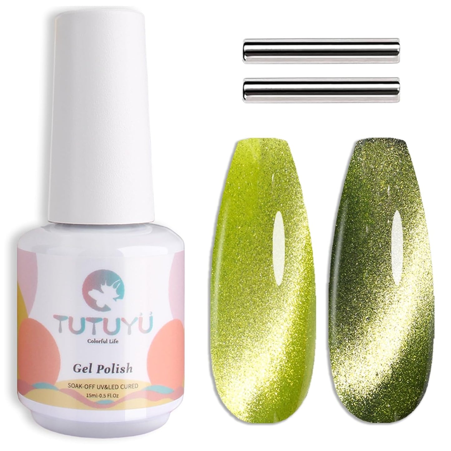 Lime Green Cat Eye Gel Nail Polish, 0.51 Fl Oz Crystal Glitter Holographic Cateye Magnetic Gel Polish for Manicure Salon or Nail Art Starter,Yellow Green Summer Fall Color Gel - GP0081