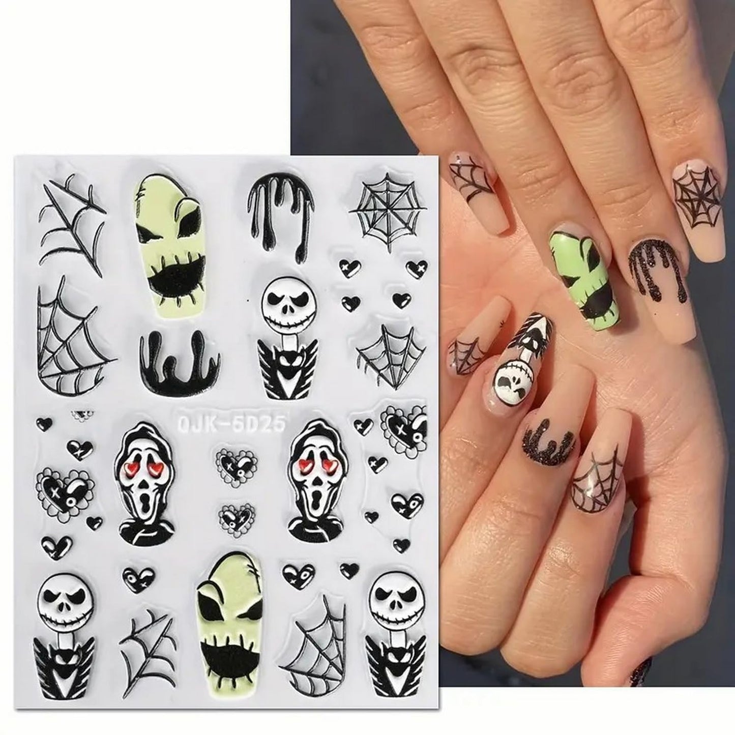 6 Pcs Halloween Nail Art Stickers Decals 5D Embossed Scary Ghost Nightmare Self-Adhesive Designs Nail Supplies Terror Scar Mask Spider Web Designs Halloween DIY Manicure Decorations for Women