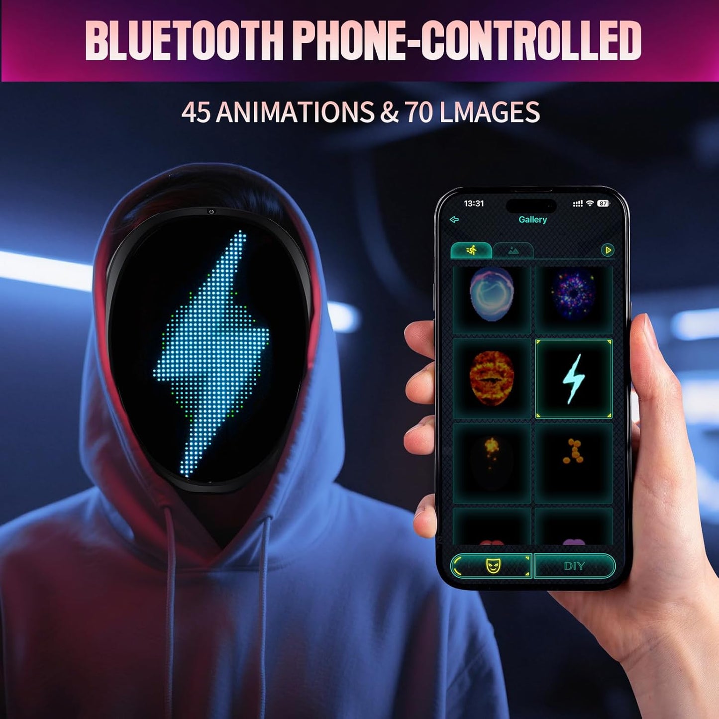 LED Facial Deformation Mask, Controllable by App - Programmable LED Halloween Mask, Digital Glowing Mask, for Costume Cosplay