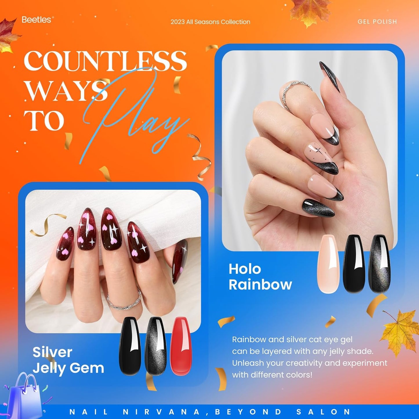 Beetles Cat Eye Gel Nail Polish 39 Pcs Jelly Nail Set Glitter Changing Nail Polish Kit Treasure Box Collection with 3Pcs Base Matte and Glossy Top Soak Off UV Halloween Nails