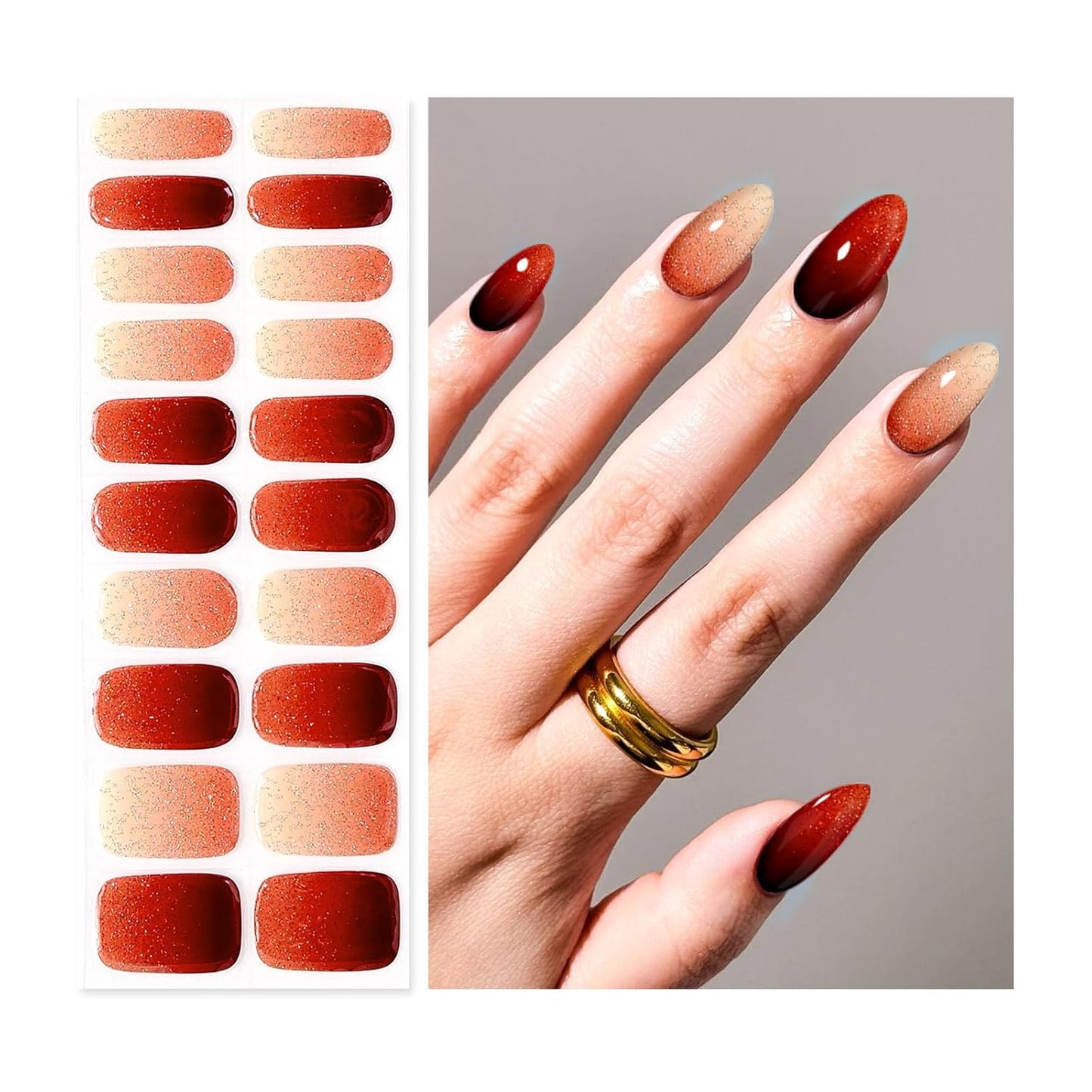 Semi Cured Gel Nail Strips | Built-In Gel Top Coat | UV Light Required | Salon Quality, Easy Application And Removal (Ruby Glitter Gradient)