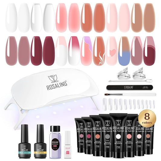 ROSALIND Poly Nail Gel Kit -8 Colors + White Brown Accessories Clear Nude Poly Nails Gel Starter Kit With Slip Solution Nude Pink Extensions Set with Mini UV Lamp
