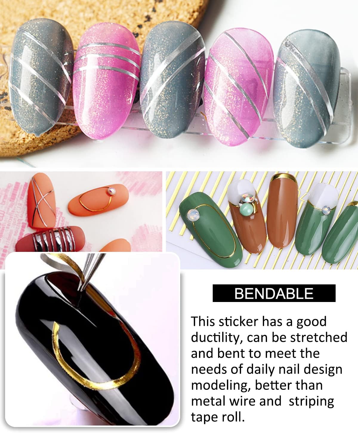 7 Sheets Nail Striping Tape Metallic Lines French Tip Manicure Strip Adhesive Holographic Foil Design Gold Sticker Decals for Nail Art