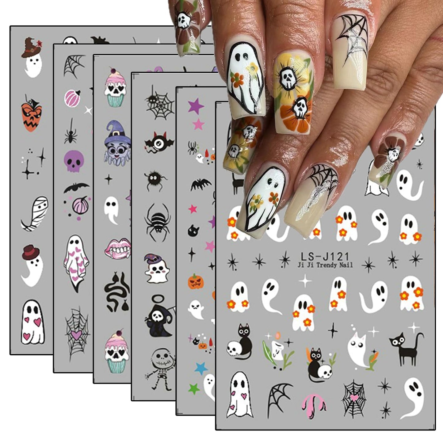 6 Sheets Halloween Nail Art Stickers 3D Self Adhesive Cute Coal Ball Ghost Skull Designs Pumpkin Nail Stickers Spider Web Stars Bat Nail Decals Sticker Halloween Nails Art Supplies for Women