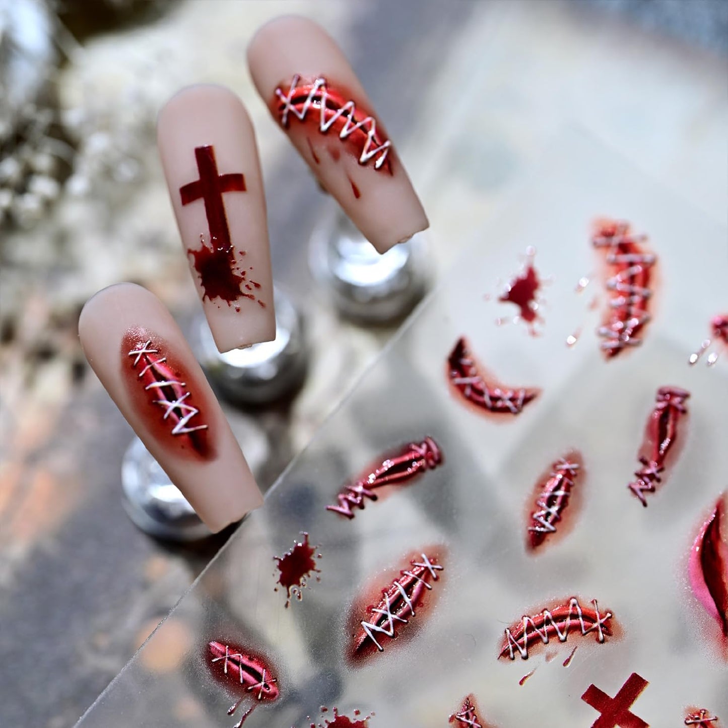 Halloween Nail Stickers for Nail Art Scary Stitch Nail Art Stickers Cross Blood Red 5D Embossed Wound Nail Decals Self-Adhesive Nails Supply Manicure Sliders Devil for Nails Decoration