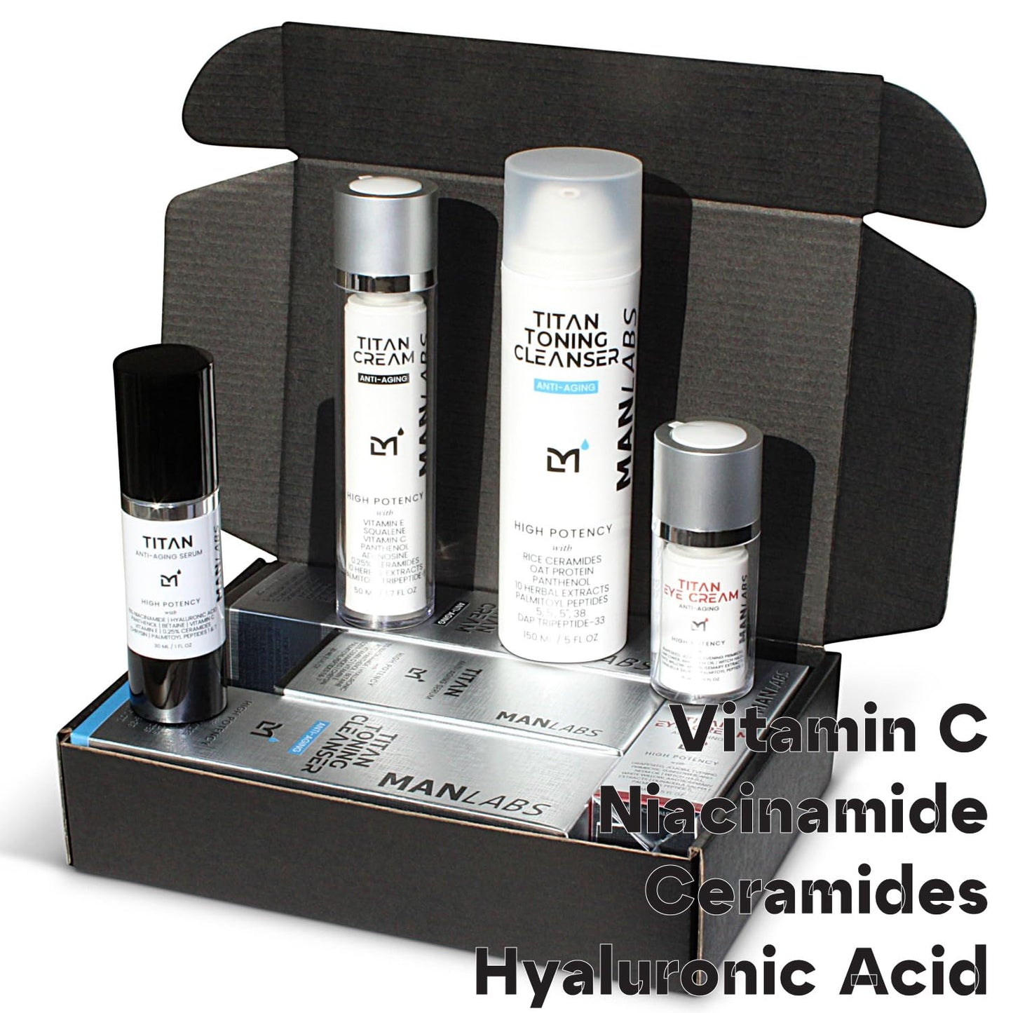 Titan Sports Anti-Aging Mens Skin Care Kit – Cleanser, Face Serum, Eye Cream, Face Moisturizer – Men, Skin Care Set – Dark Circles, Wrinkles, Fine Lines – Vitamin C, Niacinamide, HA–Unscented