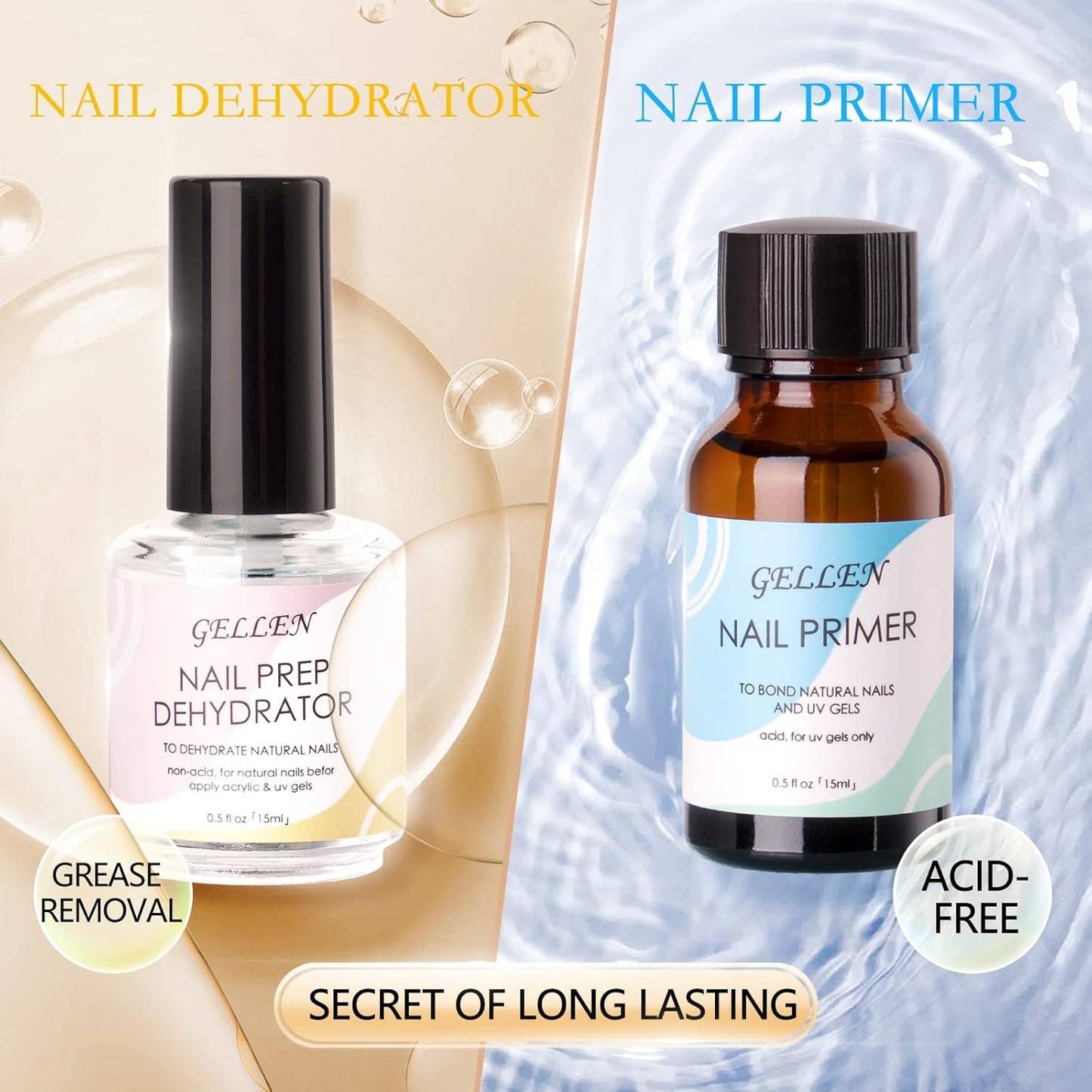 Gellen Nail Dehydrator and Nail Primer, Long-Lasting Air Dry (Acid Free) for Acrylic Powder and Gel Nail Polish, Superior Protein Bonding, 15ML / 0.5 oz Each