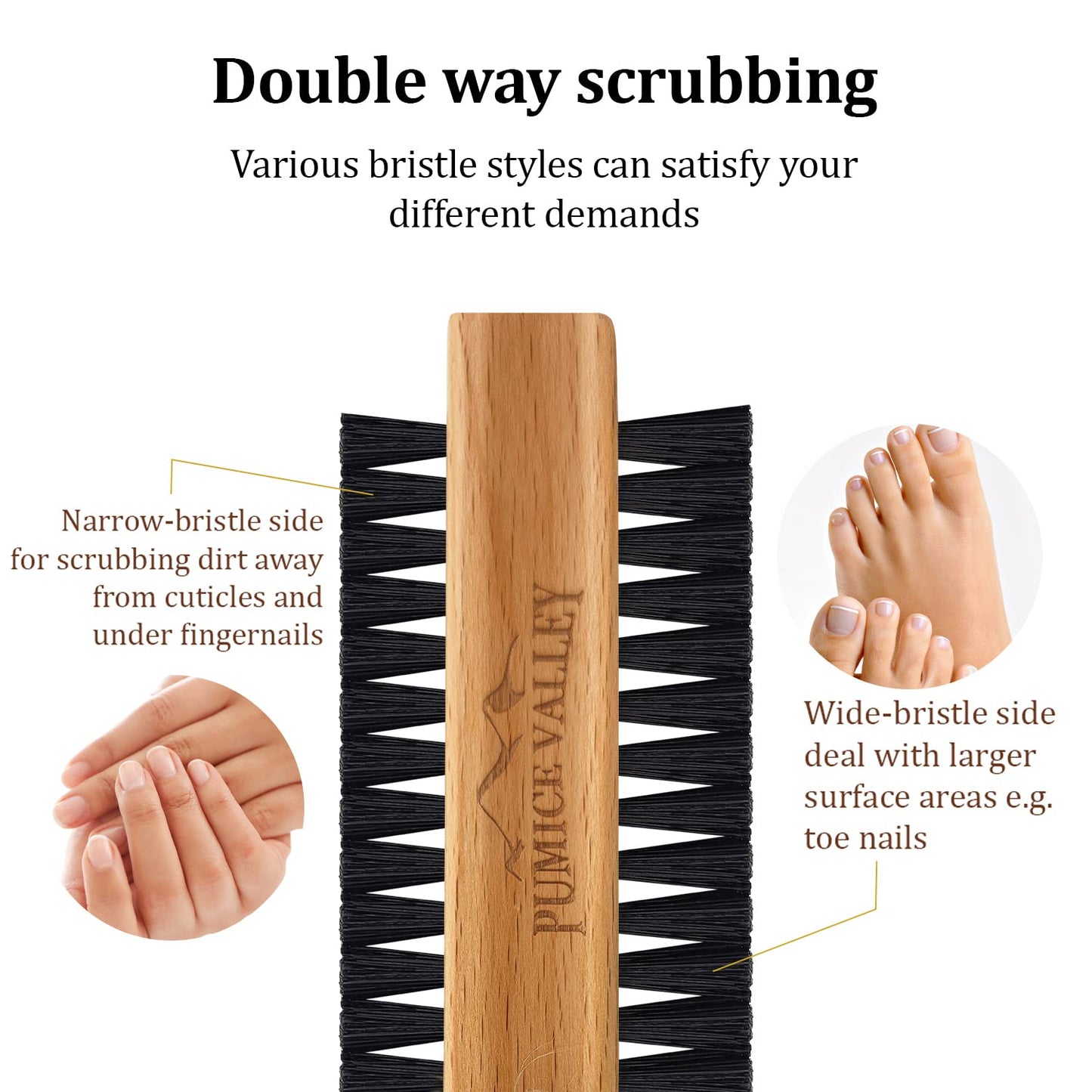 Wooden Cleaning Finger Nail Brush with Nylon Charcoal Bristles & Hanging Rope - Double-Sided Fingernail Brush for Scrubbing Fingernails and Toes (Beechwood)