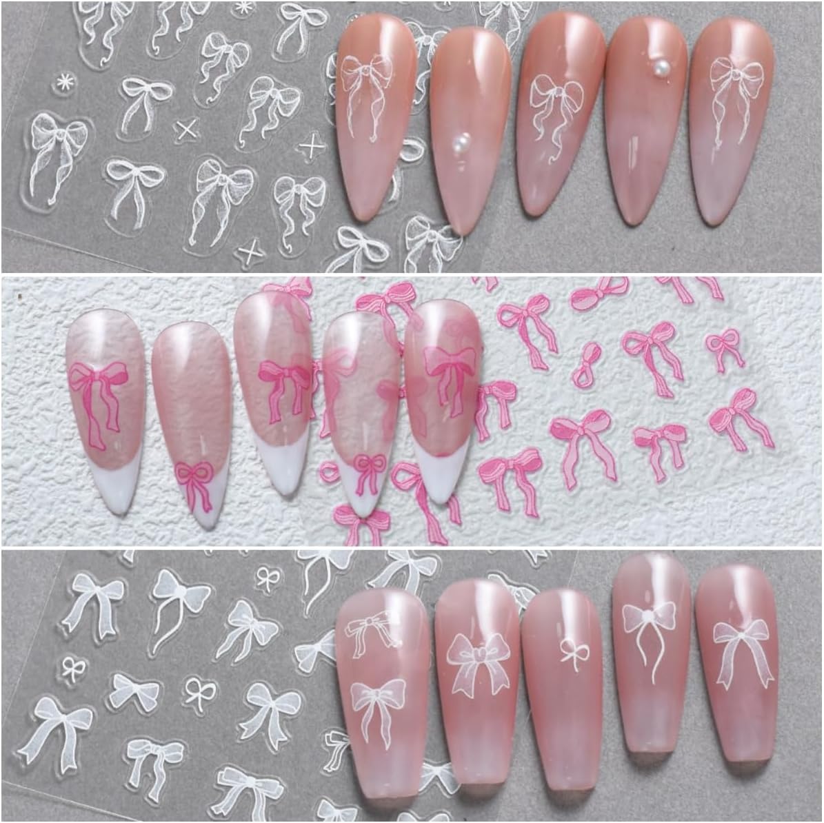Bow Nail Art Stickers 3 Sheets 5D Embossed Self Adhesive Nail Decals Pink White Bow Nail Stickers Cute Elegant Lace Design Nail Art Supplies for Women DIY Manicure Decorations