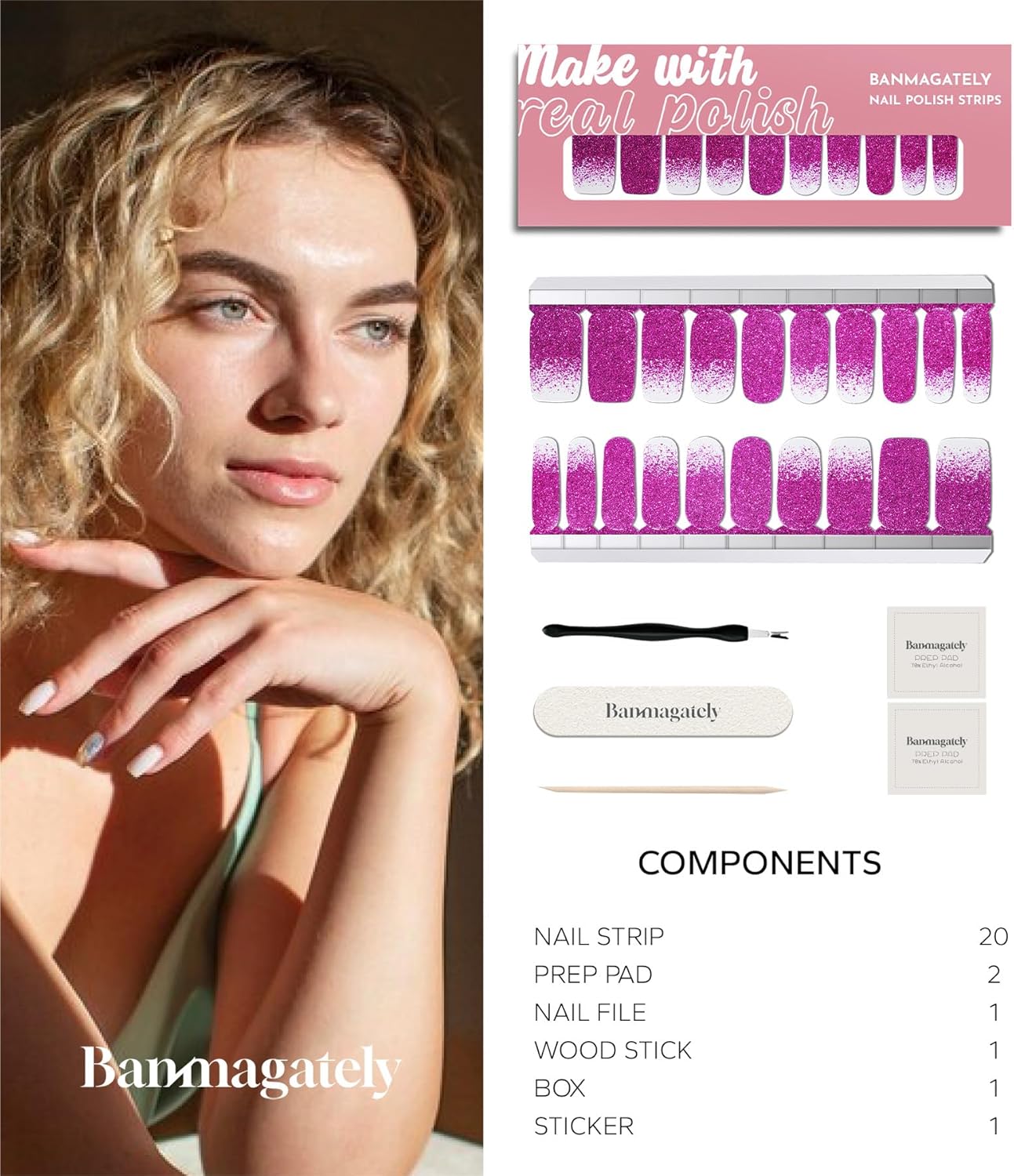 Nail Polish Strips, 20Pcs Salon Quality Gel Nail Stickers, Easy Long Lasting Wraps for Short Nails no UV Light Needed (Glitter Deep Purple)