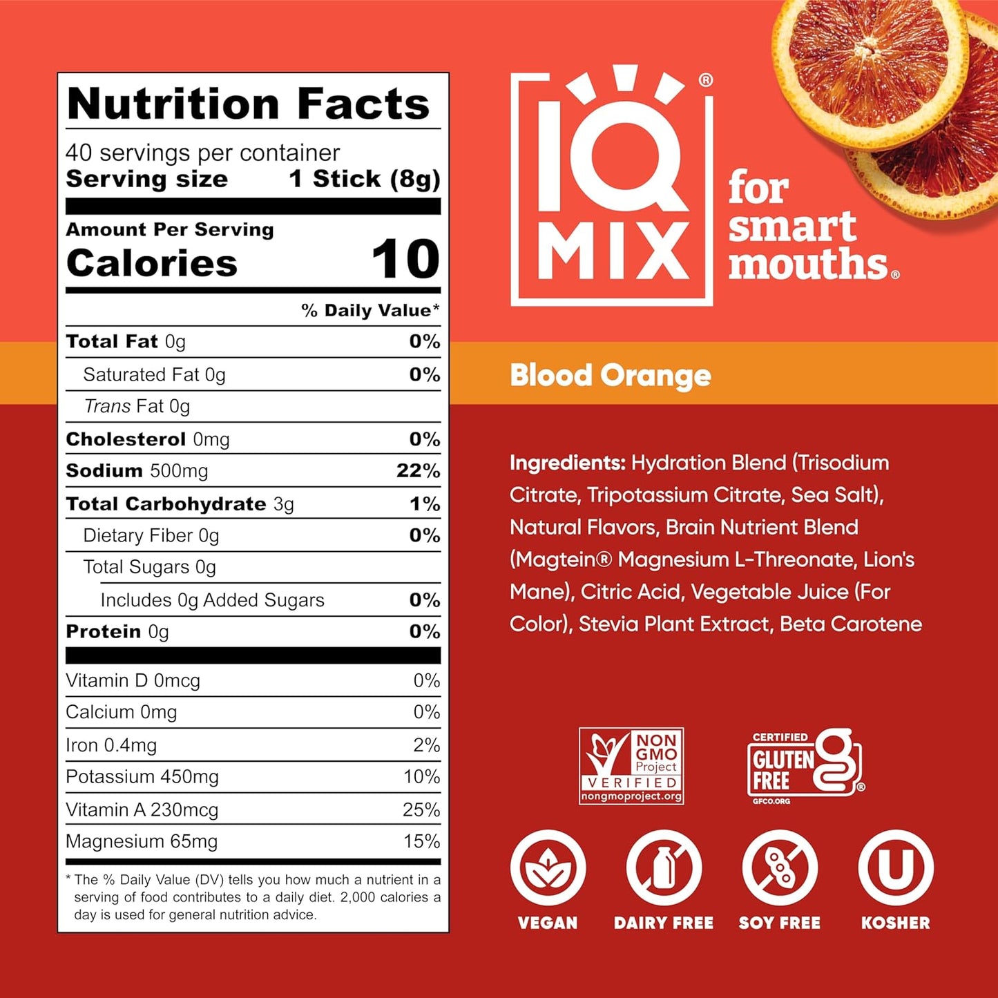 IQMIX Hydration Electrolyte Powder – 4-in-1 Formula for Hydration, Mental Clarity, Mood and Recovery – Sugar-Free Drink Mix, Keto, Magnesium L-Threonate, Lion’s Mane – 40 Count Blood Orange