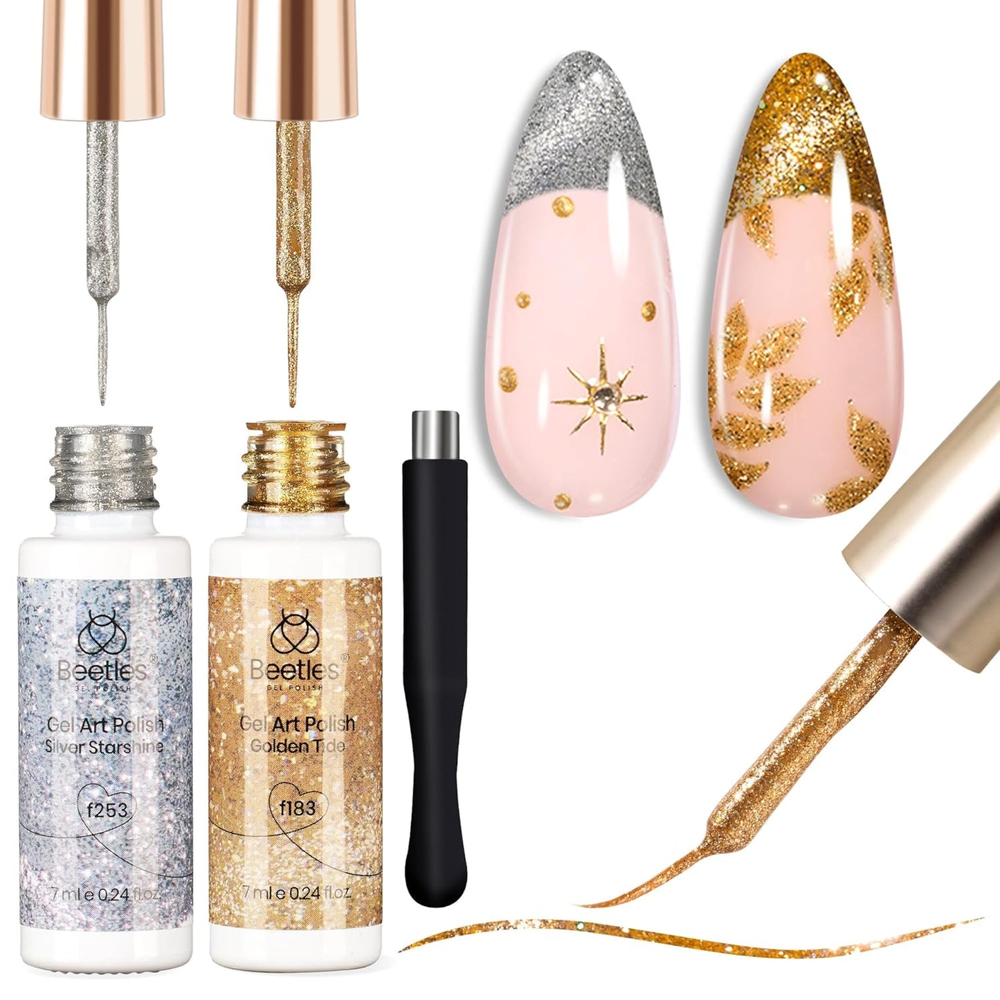 Beetles Nail Art Polish- 2 Colors Cat Eye Liner Gel Polish Gold Sliver Glitter Gel Nail polish Soak Off UV Built Thin Nail Brush in Bottle Gifts for Women