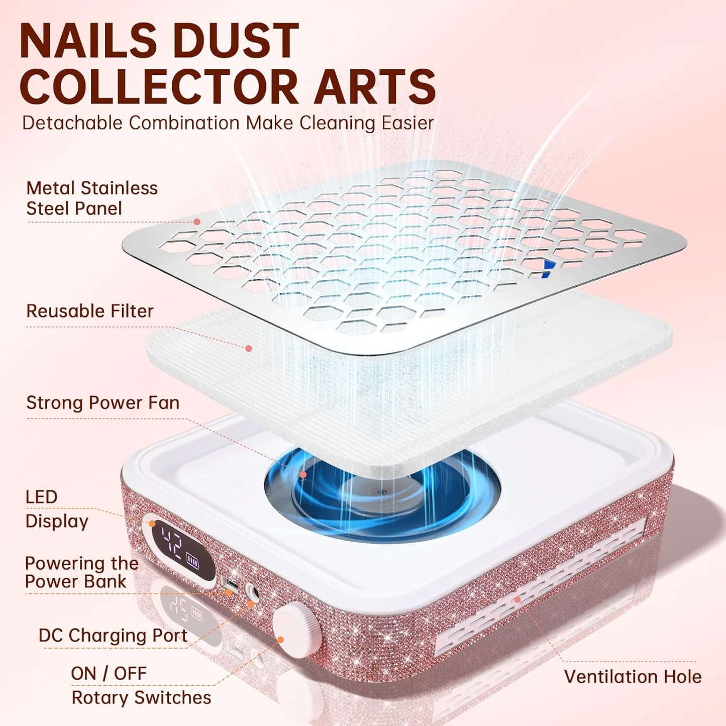 Nail Dust Collector, Rechargeable Dust Collector Nail Tech, Powerful Vacuum Fan Vent Dust Collector Extractor Dust Suction Machine for Acrylic Nails Polishing, Nail Salon&Home, Pink