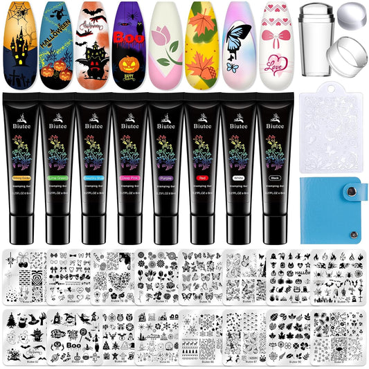 Biutee Nail Stamper Kit 16Pcs Nail Art Stamping Plate 8 Colors Stamp Polish Gel Silicone Stamper Scraper with Storage Bag, Nail Stamp Plates Love Flower Butterfly Leaf Template Halloween Design Gift