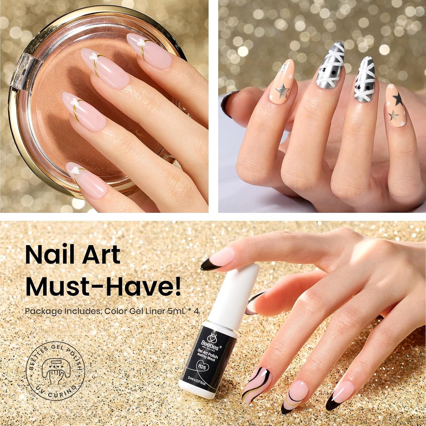 Beetles Gel Liner Nail Polish Set 10ml, 4 Pcs Nail Art Liner Gold Glitter Silver Black White Gel Polish Kit, 3D Mirror Gel Painted Glossy Swirl French Chrome Effect Nail Design Gift for Women