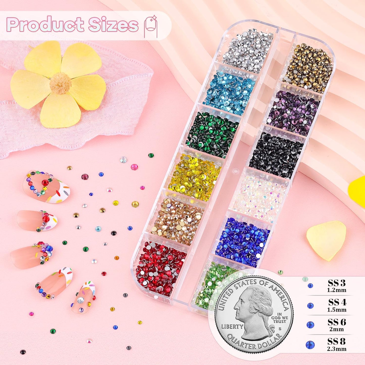 4200Pcs Glass Crystal Small Rhinestones for Nail Art with Nails Rhinestone Glue, Colourful SS3-SS8 Flatback Bedazzling Gems, Nail Rhinestones and Gems Crystals Charms for Acrylic Tips Manicure Decor