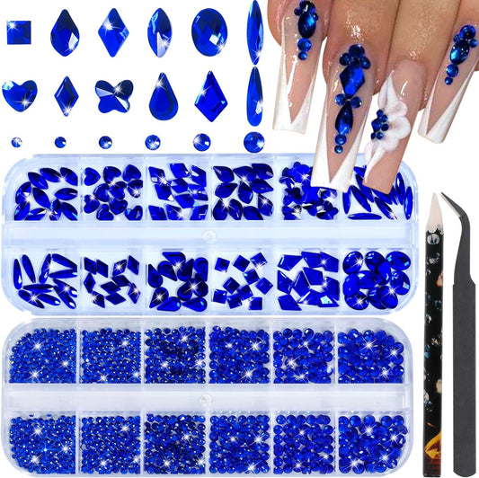 Nail Rhinestones - 3D Multi Shape Size, Flat Back, Crystals Manicure Rhinestones Charms, Blue Nail Gems, with Kit, for Nail Art, Bedazzling Acrylic Nails, DIY Decor
