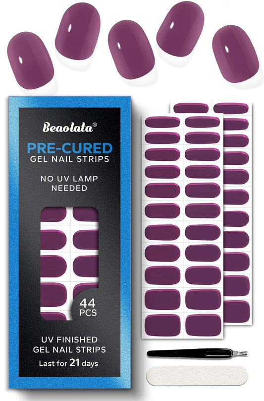 Pre Cured Gel Nail Strips - 44PCS Salon Quality Gel Nail Stickers - Long Lasting Polish Wraps for Women no UV Light Needed Easy Apply& Remove (Fudge Purple）