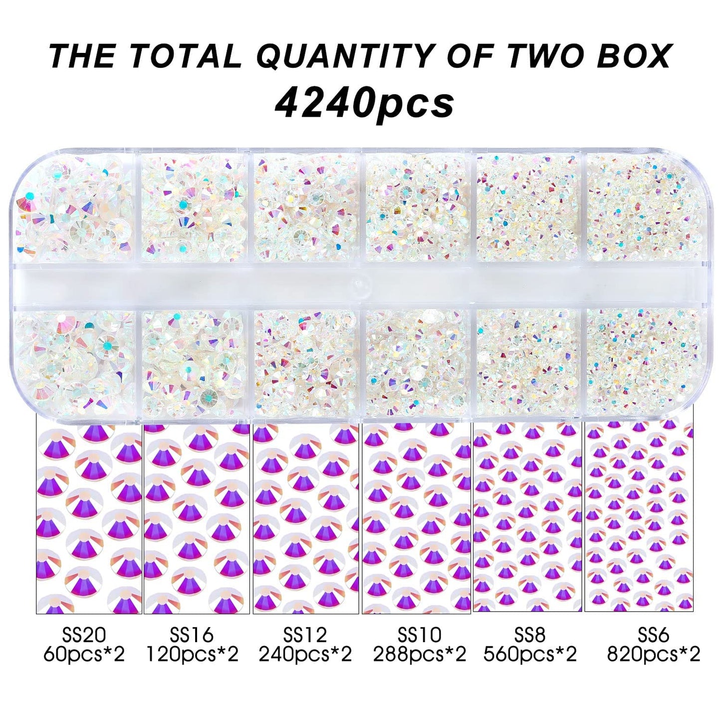 4240Pcs Transparent Ab Flatback Rhinestones 6 Sizes Crystal Diamonds for Nail Art Crafts Clothes Shoes with Tweezers and Picking Pen