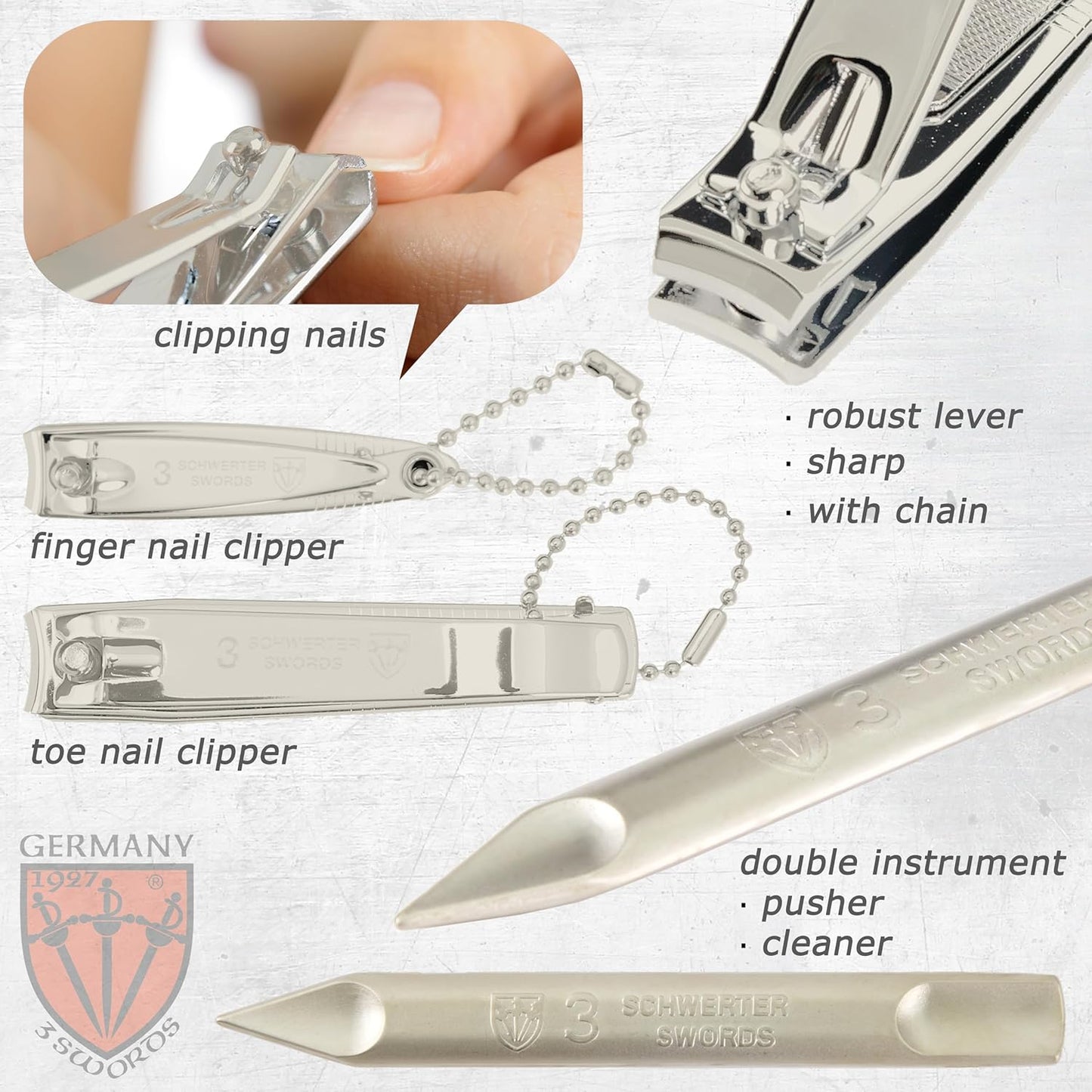 3 Swords Germany – brand quality 8 piece manicure pedicure grooming kit set for professional nail care with synthetic leather case ostrich black - Made in Germany