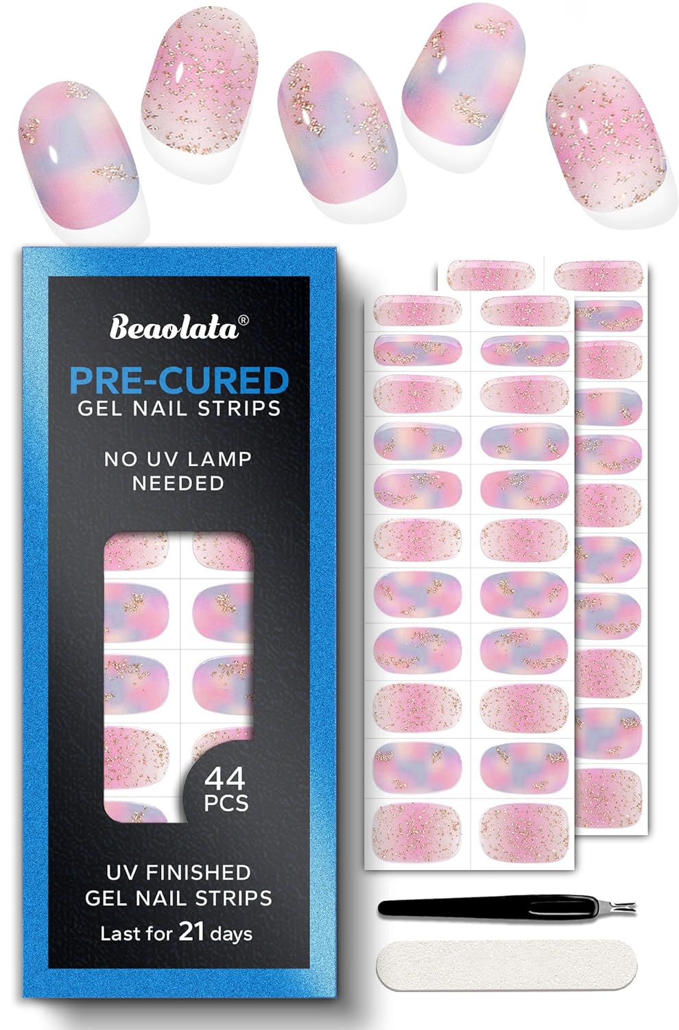 Pre Cured Gel Nail Strips - 44PCS Salon Quality Gel Nail Stickers - Long Lasting Polish Wraps for Women no UV Light Needed Easy Apply& Remove (Dusk Pink）